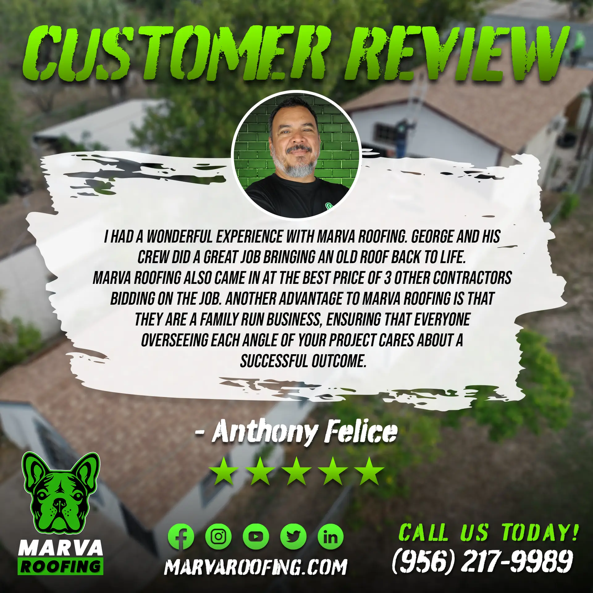 Customer review from Anthony Felice for Marva Roofing