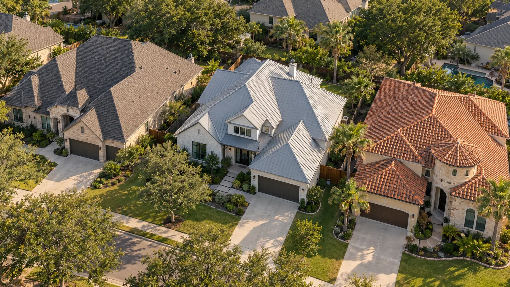 Aerial illustration of neighboring homes with asphalt shingle, standing-seam metal, and clay tile roofs